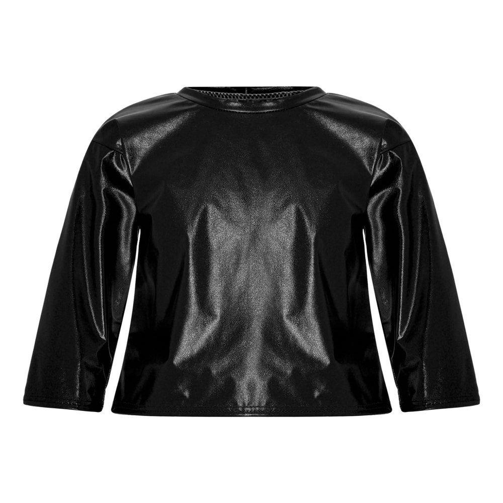 Hansber Kids Girls Boys Metallic Shiny T-Shirt Solid Long Sleeve Tees Dance Performance Tops Party Wear Metallic,Black 11-12