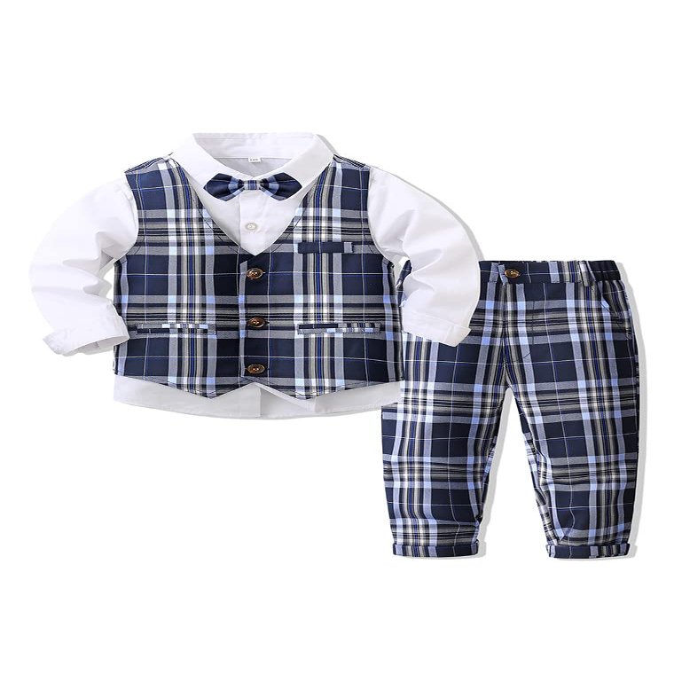 Abolai Baby Boys' 4 Piece Gentleman Set with White Shirt,Bowtie,Plaid Vest and Plaid Pants White 110