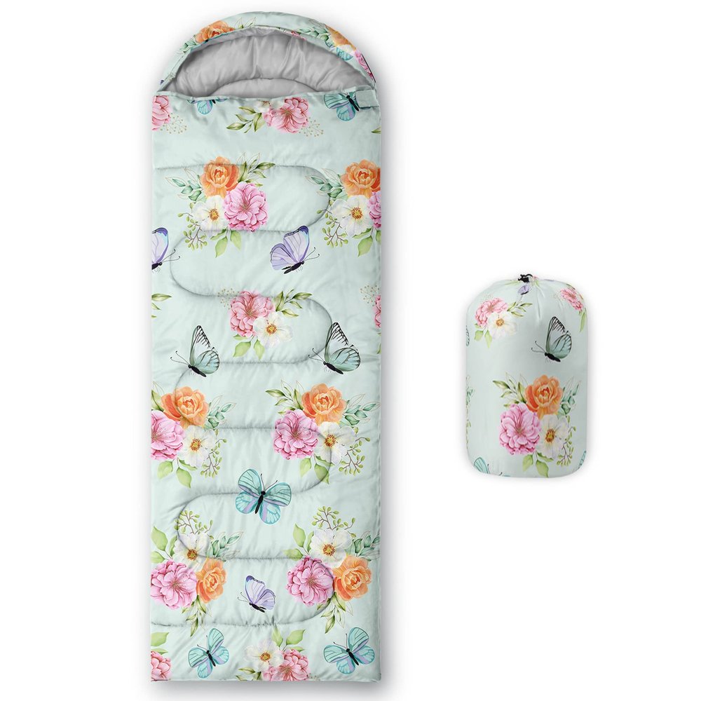 BSNTHO Butterfly Flower Printed Camping Sleeping Bags,3 Season Warm & Cool Weather,Lightweight,Waterproof Sleeping Bags for Adults & Kids,Traveling,and Outdoors,Camping Gear Equipment,31x90inch