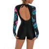 Women Floral Print One-Piece Swimsuits Boyshort Bottom Bodysuits Long Sleeve Rash Guard Swimwear Beachwear for Summer Surfing Diving Swimming Bathing Suit Sun Protection Cutout Blue Black XL view 1