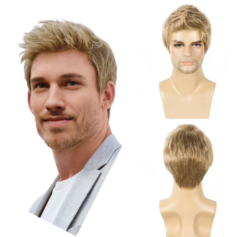 BEAUTY FLAG Mens Blonde Wig Short Straight Synthetic Blonde Hair Wigs for Male Guy Daily Wear Anime Costume Halloween Cosplay Party(Fit 21inch-22.5inch Head Circumference)