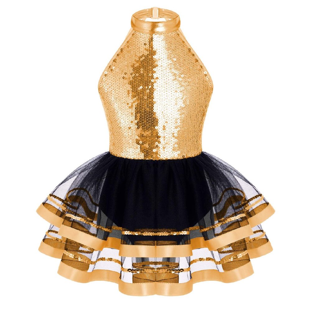 FEESHOW Kids Girls Glittery Sequins Metallic Ballet Dance Leotard Dress with Tutu Mesh Skirts Performance Costume Champagne 14 Years