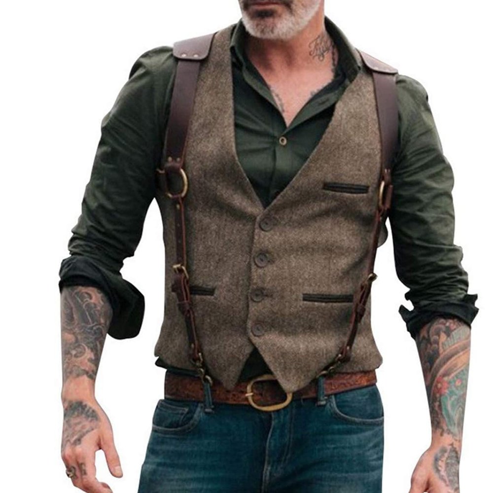 Onlylover Wool Tweed Men Suit Vests Steampunk Cosplay Mens Waistcoat with Leather Gentleman Groomsmen Wedding Slim Fit Men Gilet (Brown, Large)