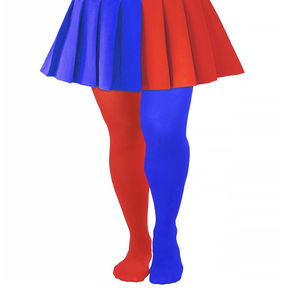 Lastclream Two Toned Jester Tights for Women Cosplay Costume Stockings 80 Denier Semi Opaque High Waisted Pantyhose Full Footed (Red/Blue)