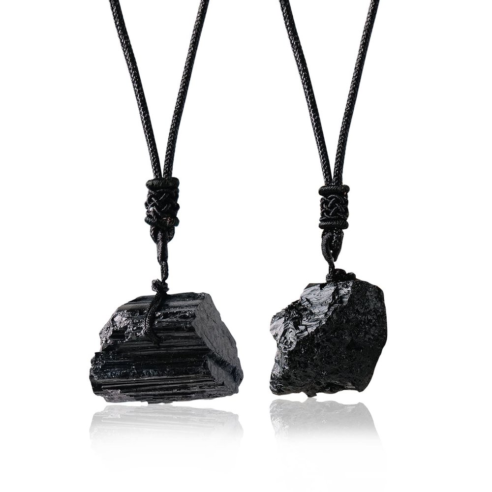 Apengshi Natural Black Tourmaline Necklace 2PCS Irregular Raw Stone Pendant Healing Crystal Necklace Meditation Reiki Energy Purification Energy Chakra Balance Security Protection Gift