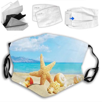 VeJerKK Seashells Cloth Face Mask With Filter Pocket,Sand in The Sky Clouds Seaside,Washable Face Bandanas Reusable Fabric Mask With 2 Pcs Filters,Green Red
