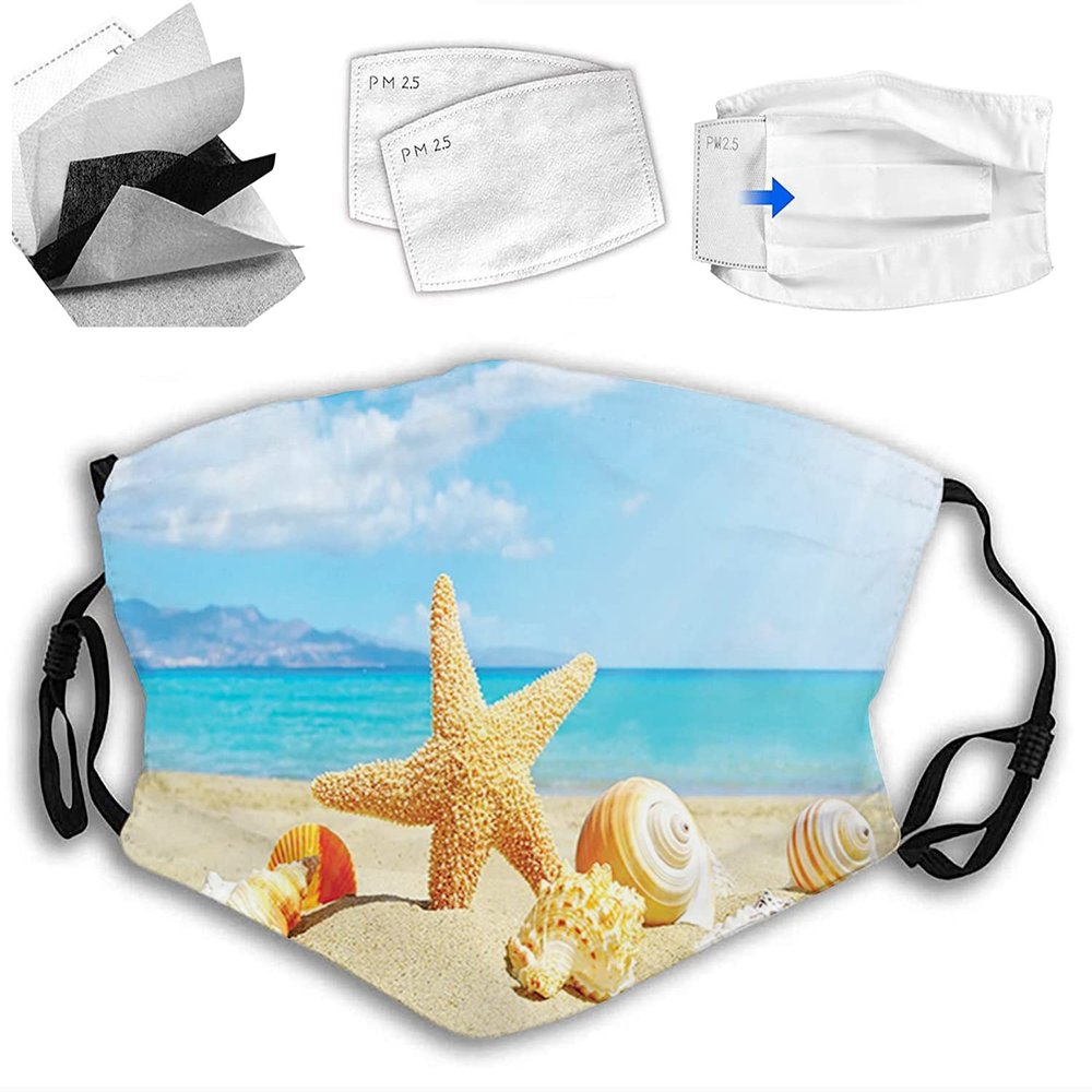 VeJerKK Seashells Cloth Face Mask With Filter Pocket,Sand in The Sky Clouds Seaside,Washable Face Bandanas Reusable Fabric Mask With 2 Pcs Filters,Green Red
