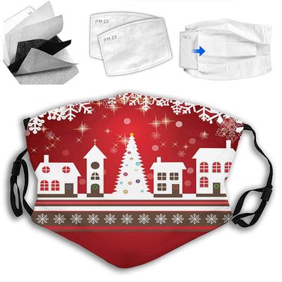 VeJerKK Christmas Cloth Face Mask With Filter Pocket,Gingerbread House with Trees and Snowflakes,Washable Face Bandanas Reusable Fabric Mask With 2 Pcs Filters,White Red