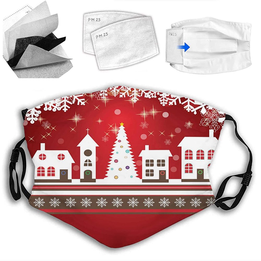 VeJerKK Christmas Cloth Face Mask With Filter Pocket,Gingerbread House with Trees and Snowflakes,Washable Face Bandanas Reusable Fabric Mask With 2 Pcs Filters,White Red