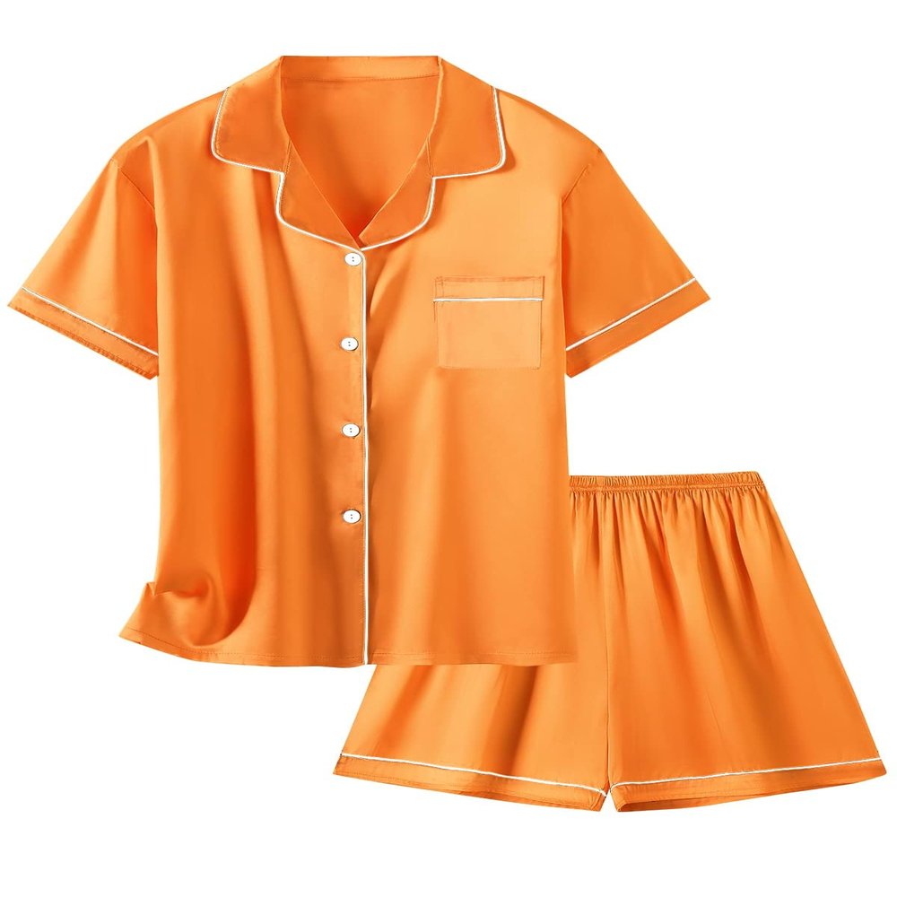 Satin Halloween Pajamas for Girls, 2 Pcs Sleepwear Short Sleeve Silk Summer Pajama Set, Orange, 13-14 Years