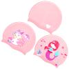 3 Pieces Kids Swim Caps Toddlers Swimming Caps Silicone Swim Cap for Boys Girls (Age 4-12) Baby Waterproof Cartoon Bathing Hats for Long and Short Hair (Girl Style) view 1