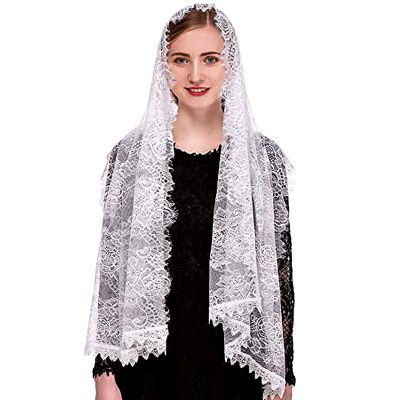 White Long Chapel Veil Mantilla Wrap Shawl Vintage Spanish Lace Floral Mass Head Covering Rectangular Church Veil