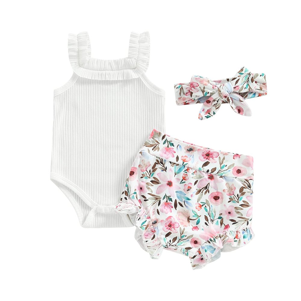 LIOMENGZI Newborn Baby Boy Girl Summer Clothes Outfits Set Fly Sleeve Solid Romper Tops Drawstring Short Headband Clothes Set (White Flower, 0-3 Months)