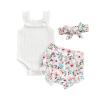 LIOMENGZI Newborn Baby Boy Girl Summer Clothes Outfits Set Fly Sleeve Solid Romper Tops Drawstring Short Headband Clothes Set (White Flower, 0-3 Months) view 1