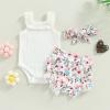 LIOMENGZI Newborn Baby Boy Girl Summer Clothes Outfits Set Fly Sleeve Solid Romper Tops Drawstring Short Headband Clothes Set (White Flower, 0-3 Months) view 4
