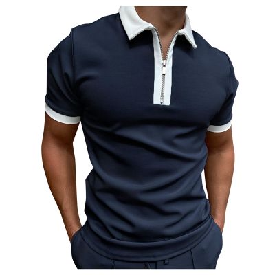 Men's Zip Polo Shirt Short Sleeve Stretch Muscle T Shirts Casual Slim Fit Ribbed Workout Tee Shirts Beach Tees