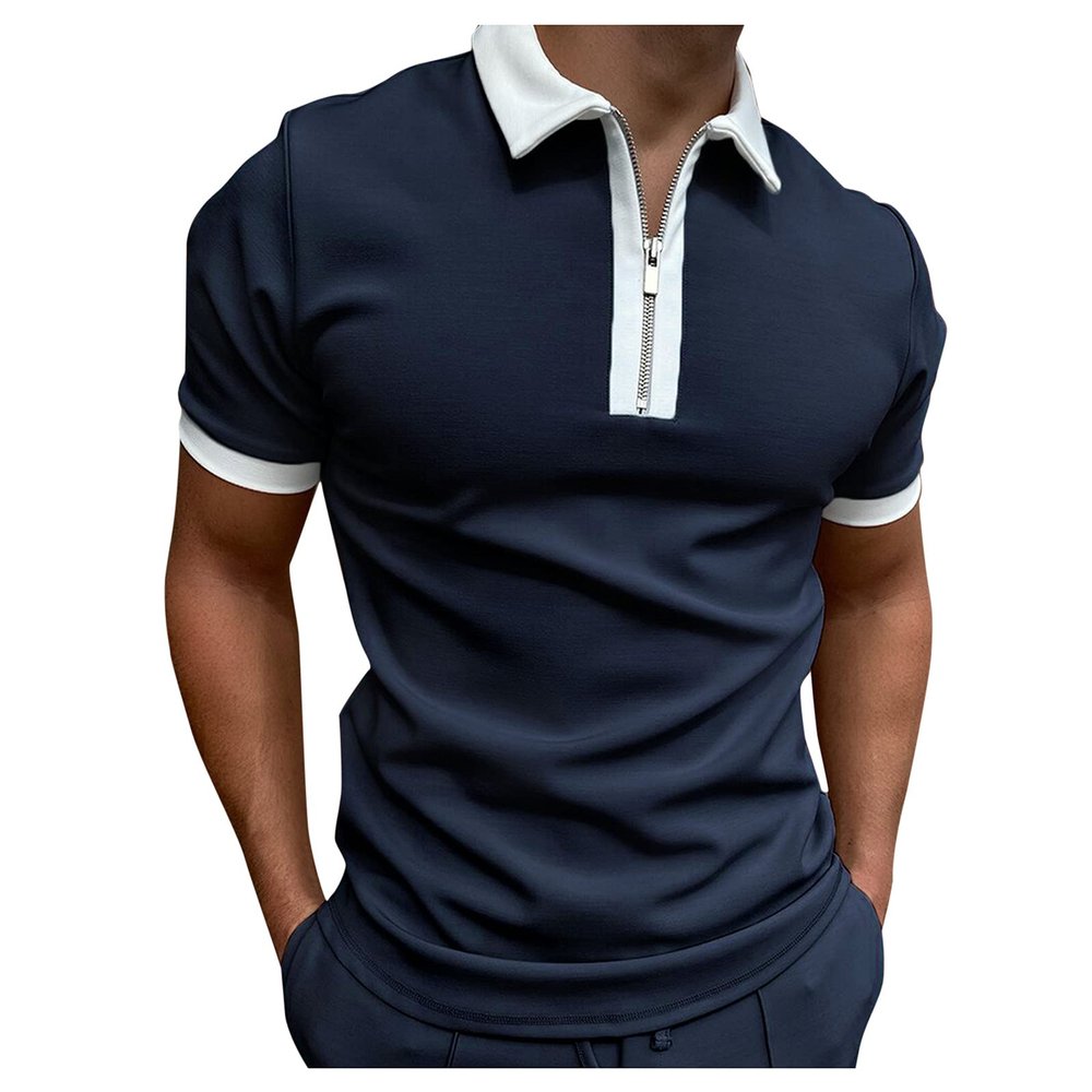 Men's Zip Polo Shirt Short Sleeve Stretch Muscle T Shirts Casual Slim Fit Ribbed Workout Tee Shirts Beach Tees