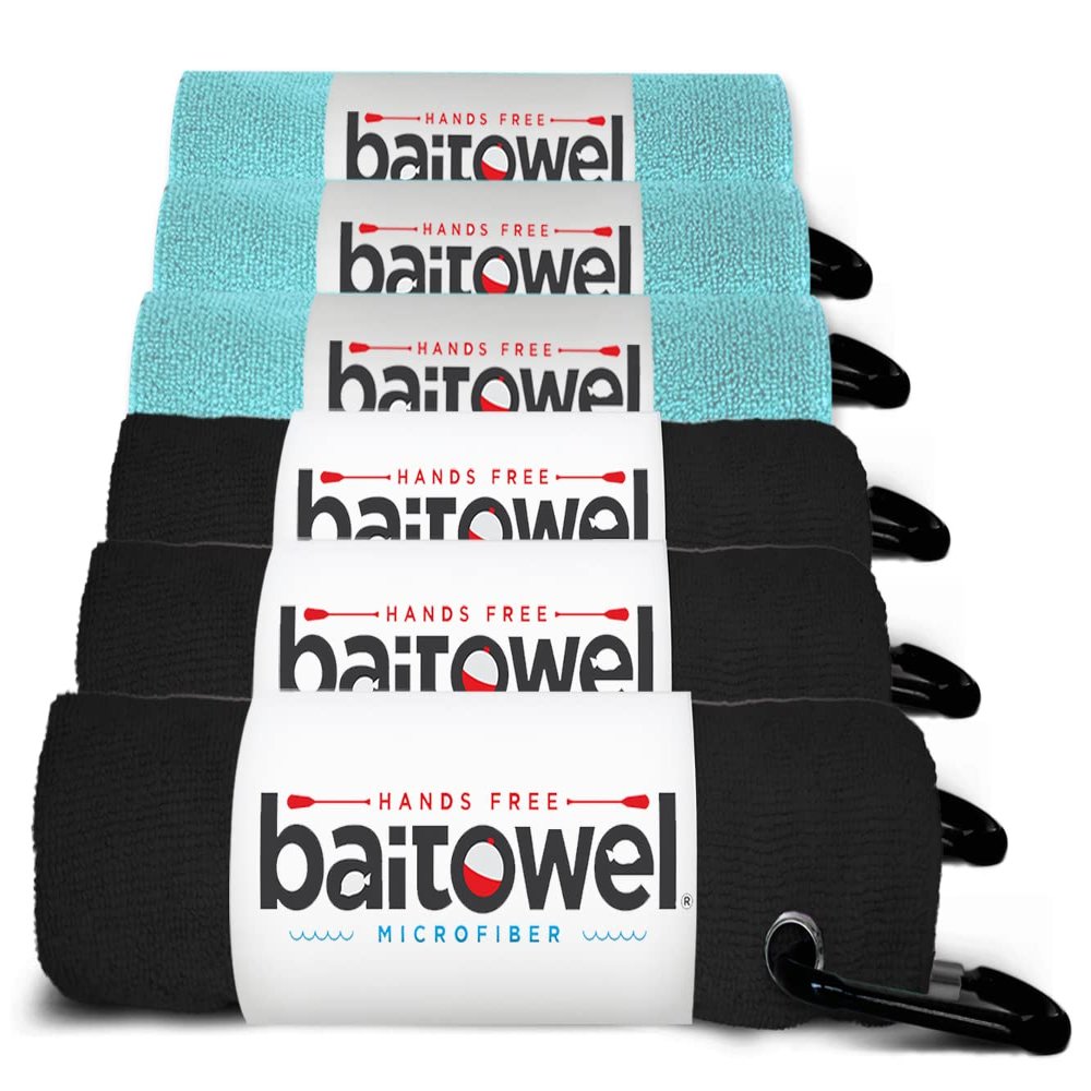 Bait Towel 6 Pack Fishing Towels with Clip for Fishing, Plush Microfiber nap Fabric, 16x16, The Original Bait Towel Multi-Pack (Black-Caribbean)