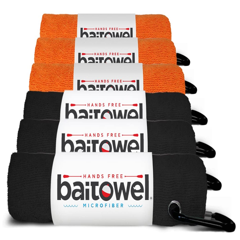 Bait Towel 6 Pack Fishing Towels with Clip for Fishing, Plush Microfiber nap Fabric, 16x16, The Original Bait Towel Multi-Pack (Black-Orange)