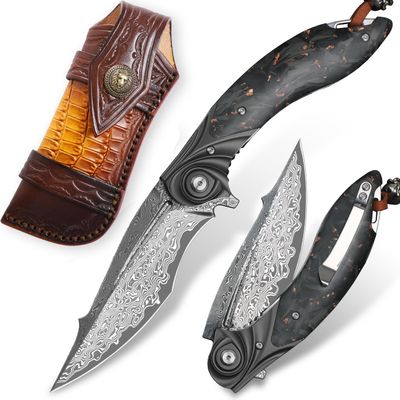 ALVELY handmade Folding Pocket KnifeJapanese Damascus steel 3.9in blade Men's folding knifewith Pocket Clip Leather Sheathliner lock Carbon Fiber Handlefit EDC Outdoor camping Survivalgift