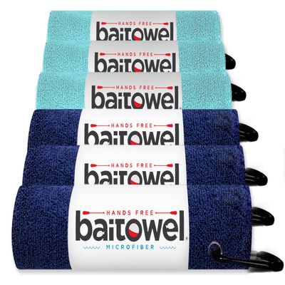 Bait Towel 6 Pack Fishing Towels with Clip for Fishing, Plush Microfiber nap Fabric, 16x16, The Original Bait Towel Multi-Pack (Navy-Caribbean)
