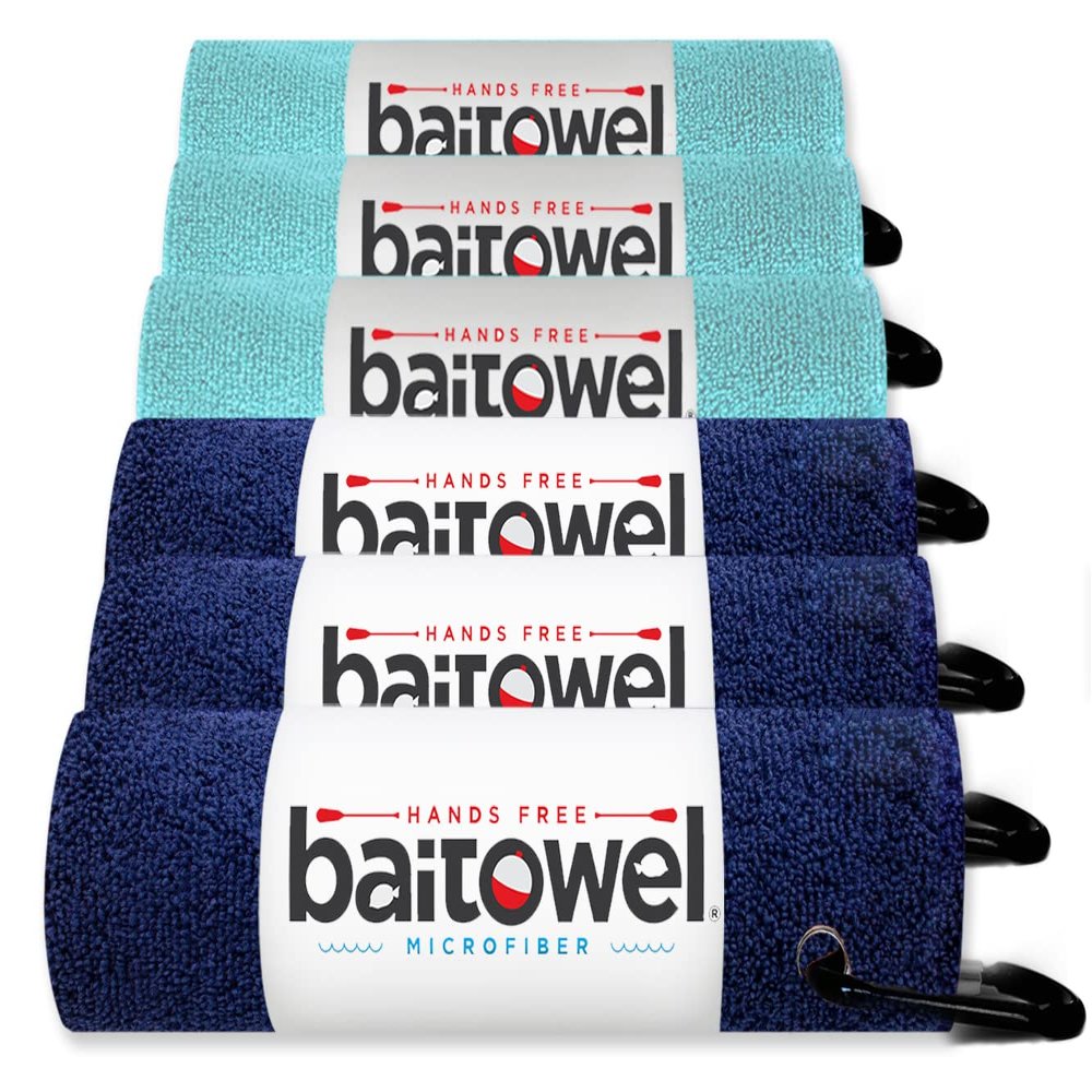 Bait Towel 6 Pack Fishing Towels with Clip for Fishing, Plush Microfiber nap Fabric, 16x16, The Original Bait Towel Multi-Pack (Navy-Caribbean)