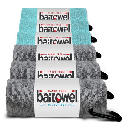 Bait Towel 6 Pack Fishing Towels with Clip for Fishing, Plush Microfiber nap Fabric, 16x16, The Original Bait Towel Multi-Pack (Gray-Caribbean)