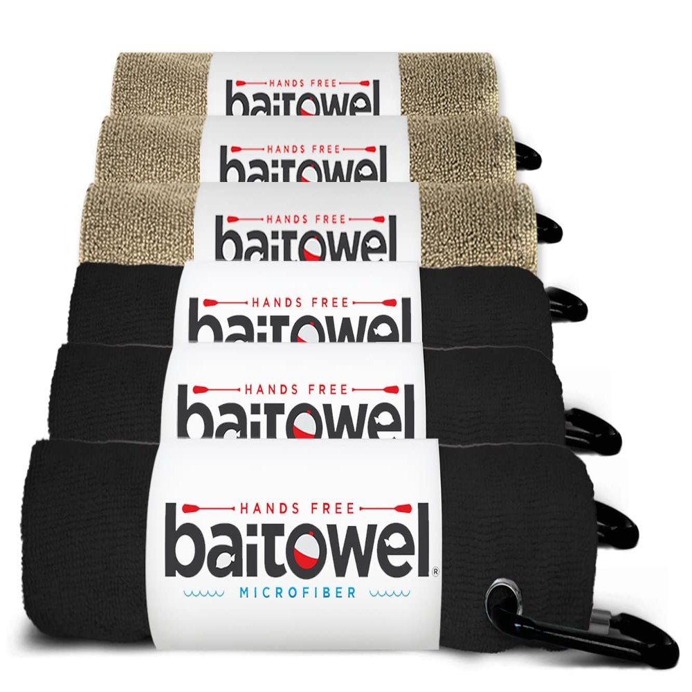Bait Towel 6 Pack Fishing Towels with Clip for Fishing, Plush Microfiber nap Fabric, 16x16, The Original Bait Towel Multi-Pack (Black-Sand)