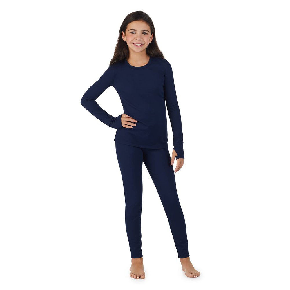 Cuddl Duds Girls Heavyweight Fleece Lined 2 Piece Thermal Underwear Set  Long Sleeve Shirt & Leggings Base Layer for Cold Weather  Winter Clothing Long Johns Lounge Sets for Kids, Navy, XS