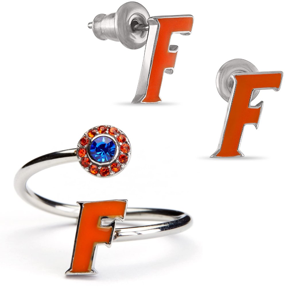 Florida Gators Jewelry Set for Women - Orange F Stud Earrings and Matching Crystal Ring - Hypoallergenic Stainless Steel Jewelry for Women - Florida Gator Accessories and Game Day Gear