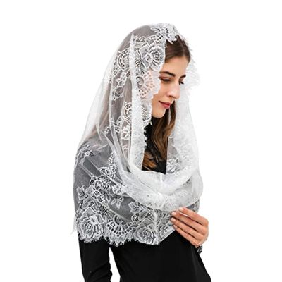 Holiberty Women Infinity Veil Floral Lace Catholic Chapel Church Veil Latin Mass Mantilla Head Covering Scarf (White)