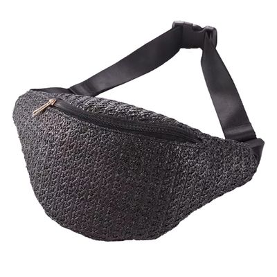 IAMUHI Straw Woven Fanny Pack Cross Chest Shoulder Handbag Purse Handwoven Beach Bag,Black