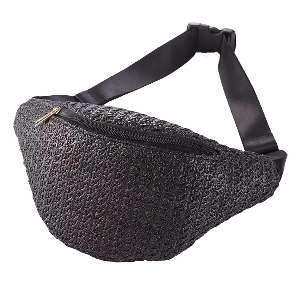 IAMUHI Straw Woven Fanny Pack Cross Chest Shoulder Handbag Purse Handwoven Beach Bag,Black
