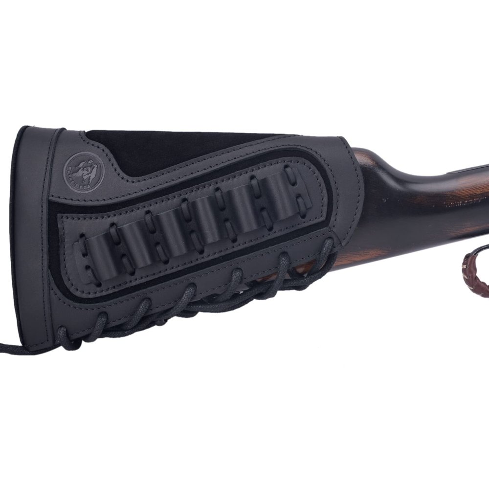 Genuine Leather Gun Buttstock with Cartridge, Shell Holder for .308 .300 44mag 410 Winchester Marlin Right/Left-Handed (Black for Right-Handed)