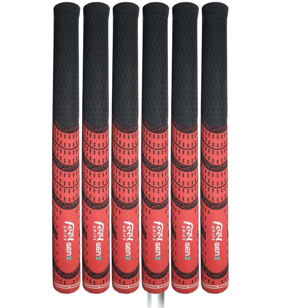 FEEL GRIPS SET OF 6 GEN2 DESIGNER SERIES RED REVERSE TAPER GOLF GRIPS - HIT LONGER & STRAIGHTER