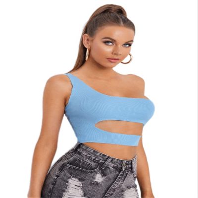 GWNWTT Women's Tops Shirts Sexy Tops for Women One Shoulder Cutout Knit Top (Color : Blue, Size : Large)