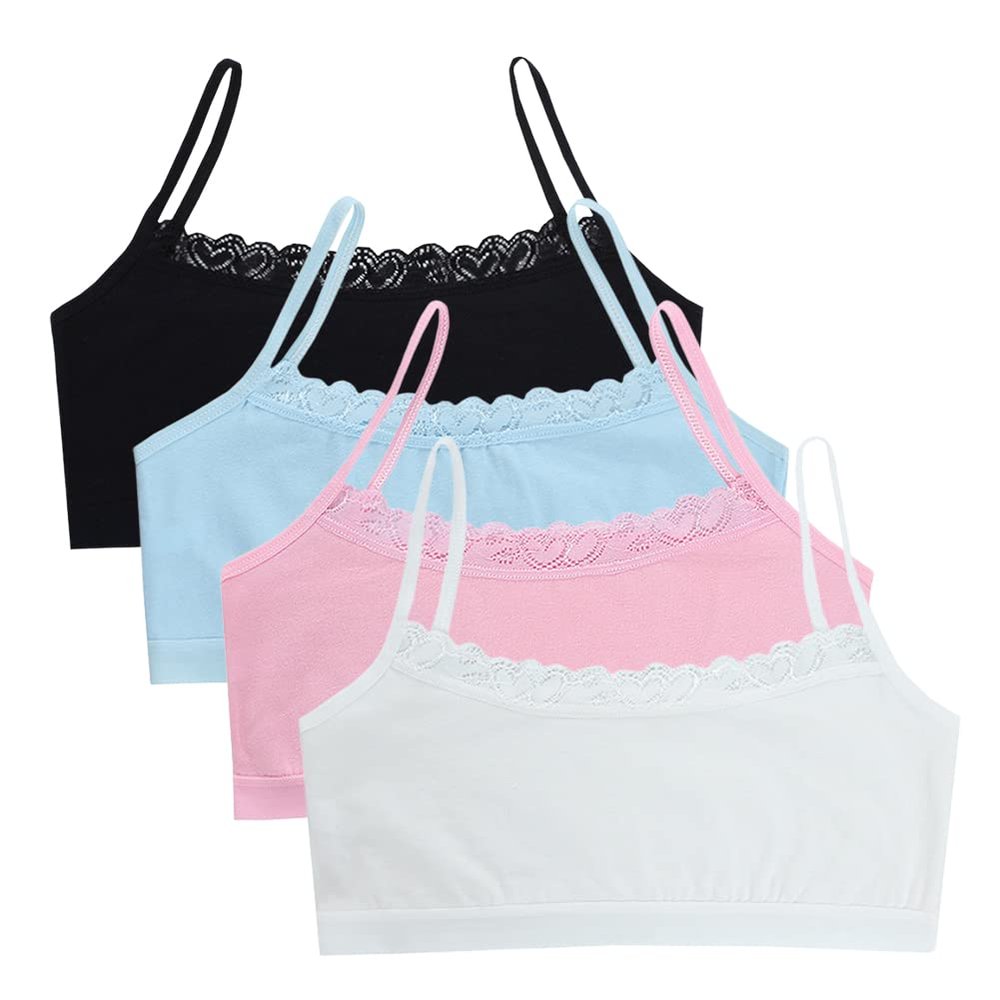 Eforcase 4PCS Girls Training Bra Girls Lace Cotton Training Bras Breathable Sports Cami Bras Strap Bralette,Aged 8-14