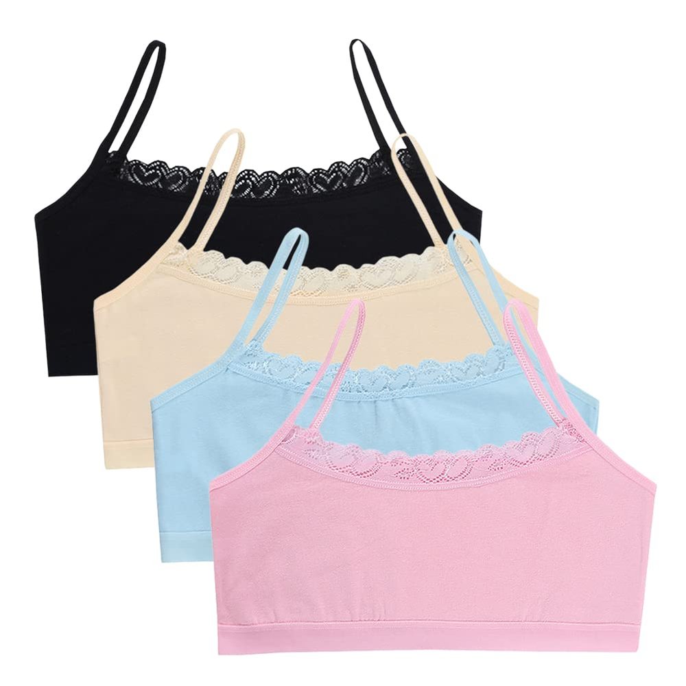 Eforcase 4PCS Girls Training Bra Girls Lace Cotton Training Bras Breathable Sports Cami Bras Strap Bralette,Aged 8-14