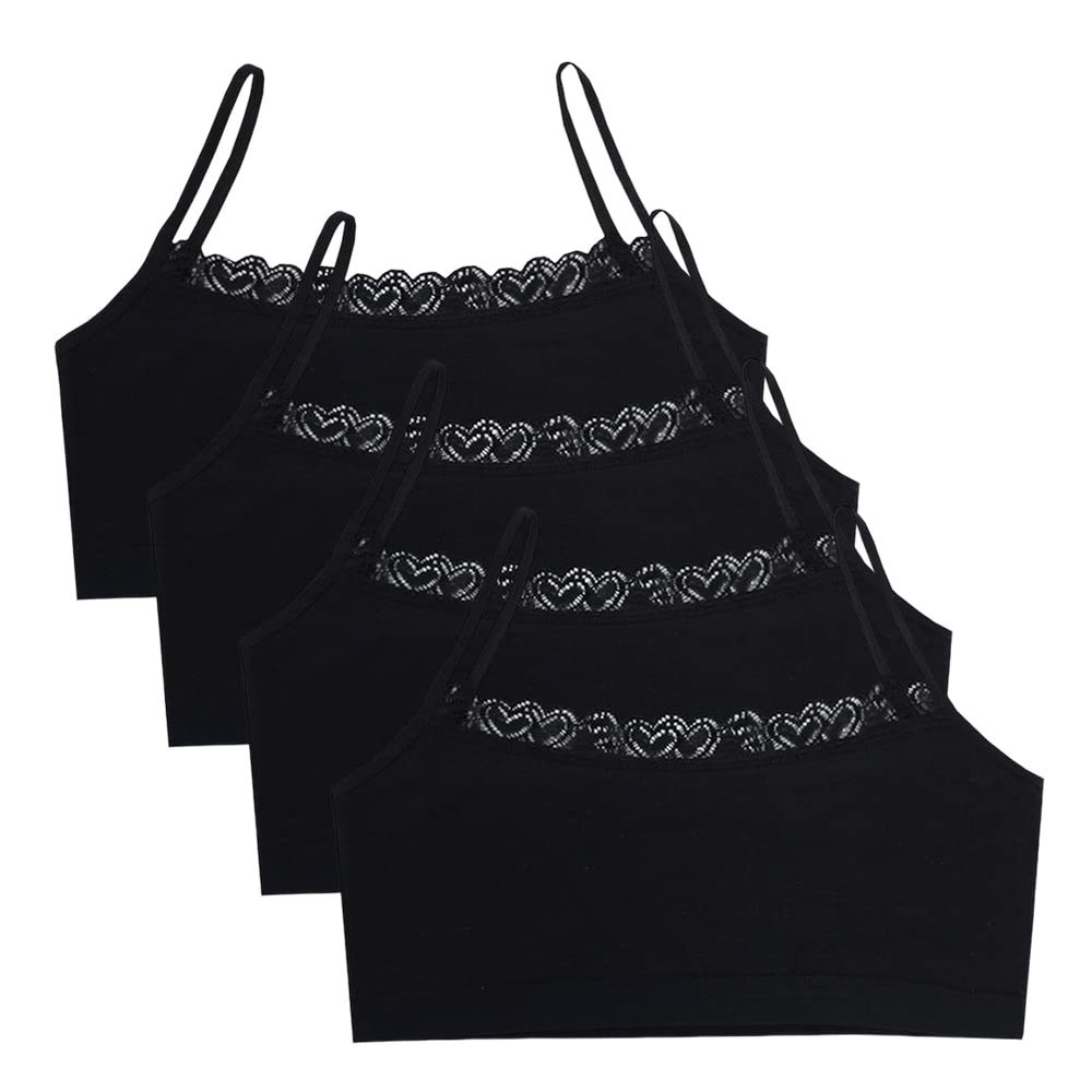 Eforcase 4PCS Girls Training Bra Girls Lace Cotton Training Bras Breathable Sports Cami Bras Strap Bralette,Aged 8-14 Black