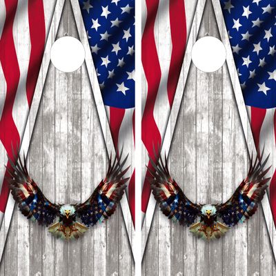 Kyles Cornhole Wraps - American Eagle on a Wood Grain Background (Set of 2)  Laminated and Regulation 2x4 Size