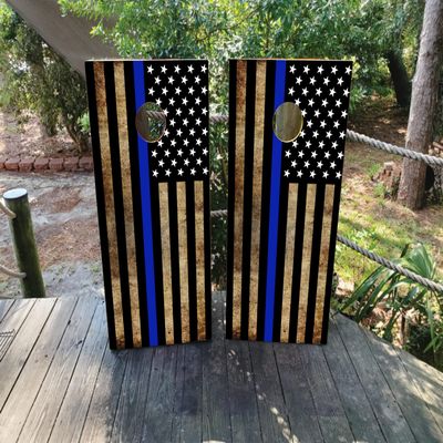 Cornhole Board Wraps | Thin Blue Line and USA American Flag Skins for Boards | Cornhole Decal 48.5x24.5in | Laminated & Easy-to-Apply Waterproof 3mVinyl Wraps | Ideal for Cornhole Skin Lovers
