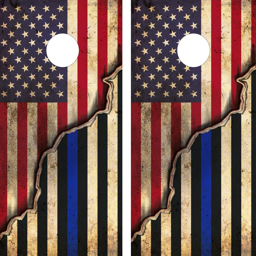 Cornhole Board Wraps | Thin Blue Line and USA American Flag Skins for Boards | Cornhole Decal 48.5x24.5in | Laminated & Easy-to-Apply Waterproof 3mVinyl Wraps | Ideal for Cornhole Skin Lovers