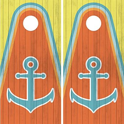 Pair of Cornhole Board Wraps - Orange and Yellow Nautical Anchors - Laminated - Weatherproof and Waterproof - Easy to Apply