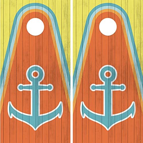 Pair of Cornhole Board Wraps - Orange and Yellow Nautical Anchors - Laminated - Weatherproof and Waterproof - Easy to Apply