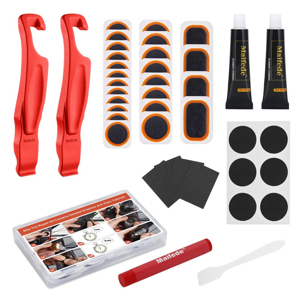 30PCS Bike Inner Tire Patch Repair Kit - with 24 Vulcanizing Patches, 2 Super Bike Tire Levers, 6 Glueless Patches and Portable Storage Box - for Bicycle, BMX, Motorcycle, and Inflatable Rubber.