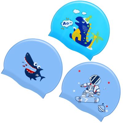3 Pieces Kids Swim Caps Toddlers Swimming Caps Silicone Swim Cap for Boys Girls (Age 4-12) Baby Waterproof Cartoon Bathing Hats for Long and Short Hair (Boy Style)
