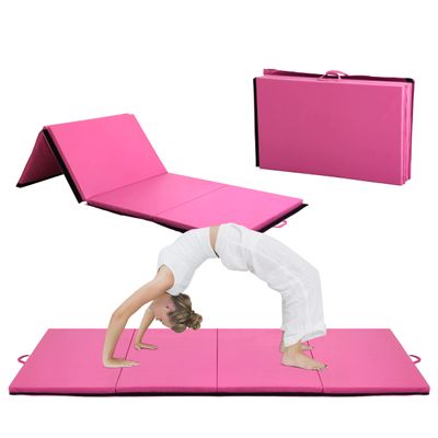 BLKMTY Gymnastics Mats, 4'x10'x2'' Folding Exercise Mat Gym Yoga Aerobics Fitness Mats Kids' Gymnastics Tumbling Mat with Carrying Handles for Home Gym Exercise&Play Gym, Pink