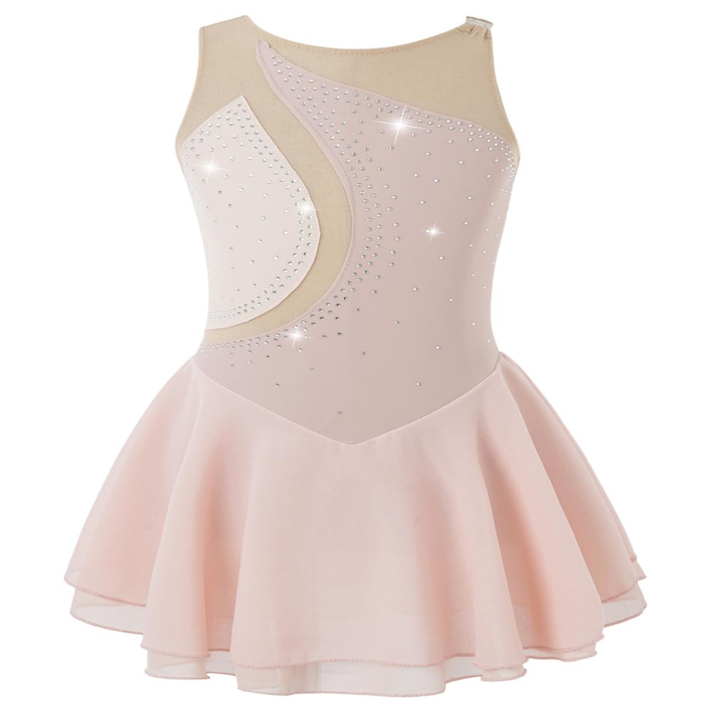 Shinsto Kids Girls Rhinestone Mesh Splice Figure Ice Skating Dress Gymnastic Leotard Dancewear Costume Pink 8 Years