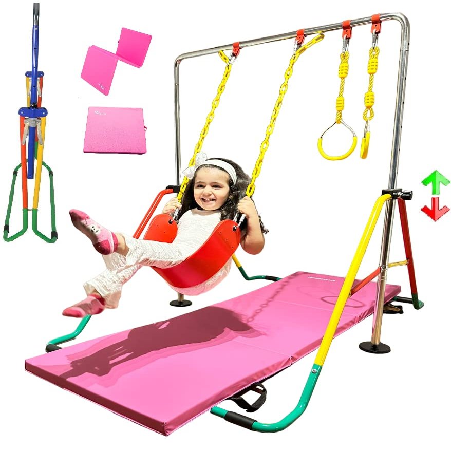 Gymnastics Training Bar for Kids Home Folding Kip Bar 5 in 1 Set with 6x2 Tumble Mat, Swing Seat, 2 Trapeze Rings, Expandable Horizontal Bar Junior Gymnastic Equipment Monkey Bar Jungle Gym Yellow