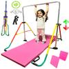 Gymnastics Training Bar for Kids Home Folding Kip Bar 5 in 1 Set with 6x2 Tumble Mat, Swing Seat, 2 Trapeze Rings, Expandable Horizontal Bar Junior Gymnastic Equipment Monkey Bar Jungle Gym Yellow view 3